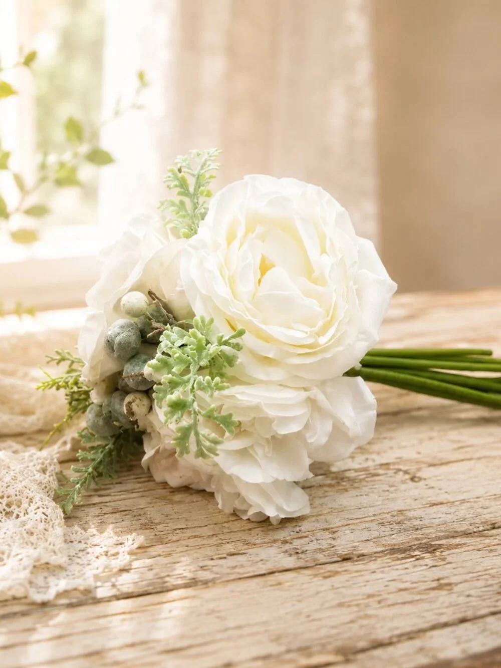 Delicate White Cream Bridal Bouquet With Berries and Greenery